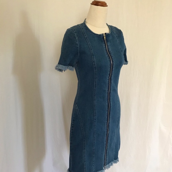 MISSGUIDED womens sz 10 stretch denim zip front frayed edge mid blue denim dress - Picture 3 of 16